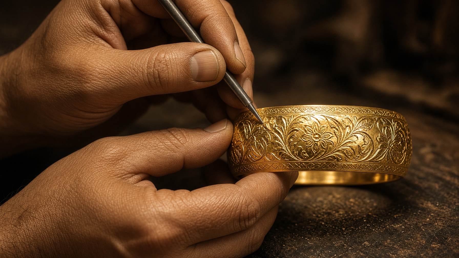An artisan's hands engraving a gold ornament