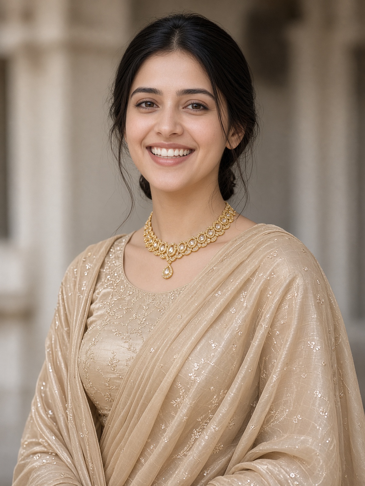 A smiling North Indian model in a silk saree, wearing DG gold