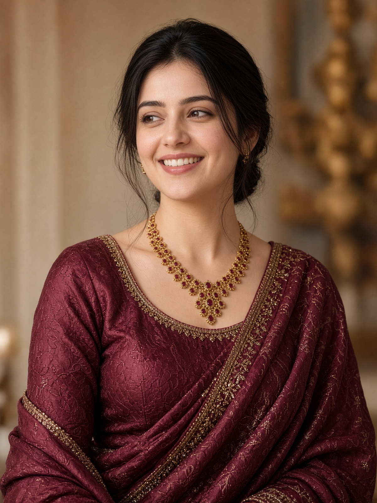 Model in a silk saree wearing a DG gold necklace